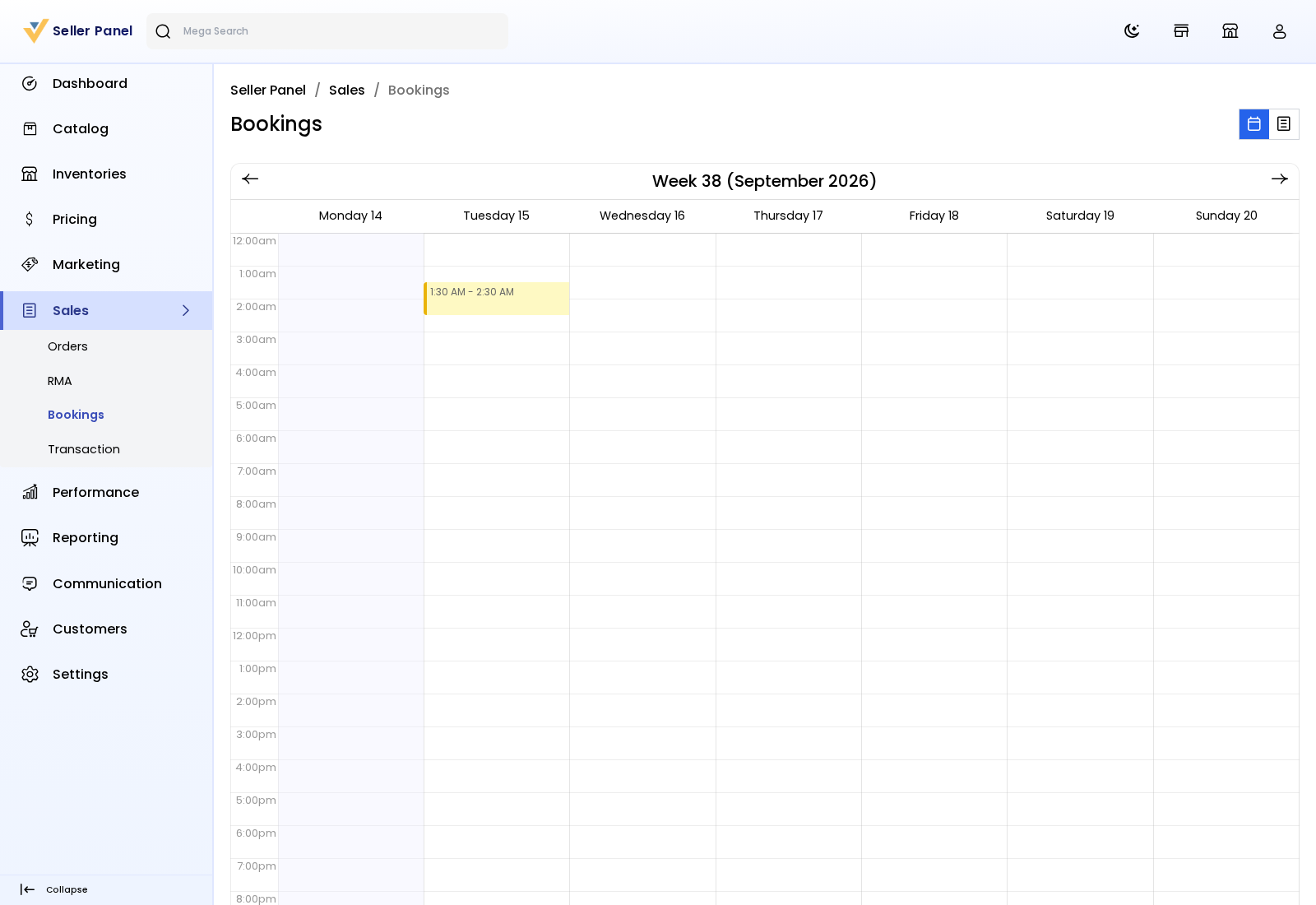 The bookings calendar