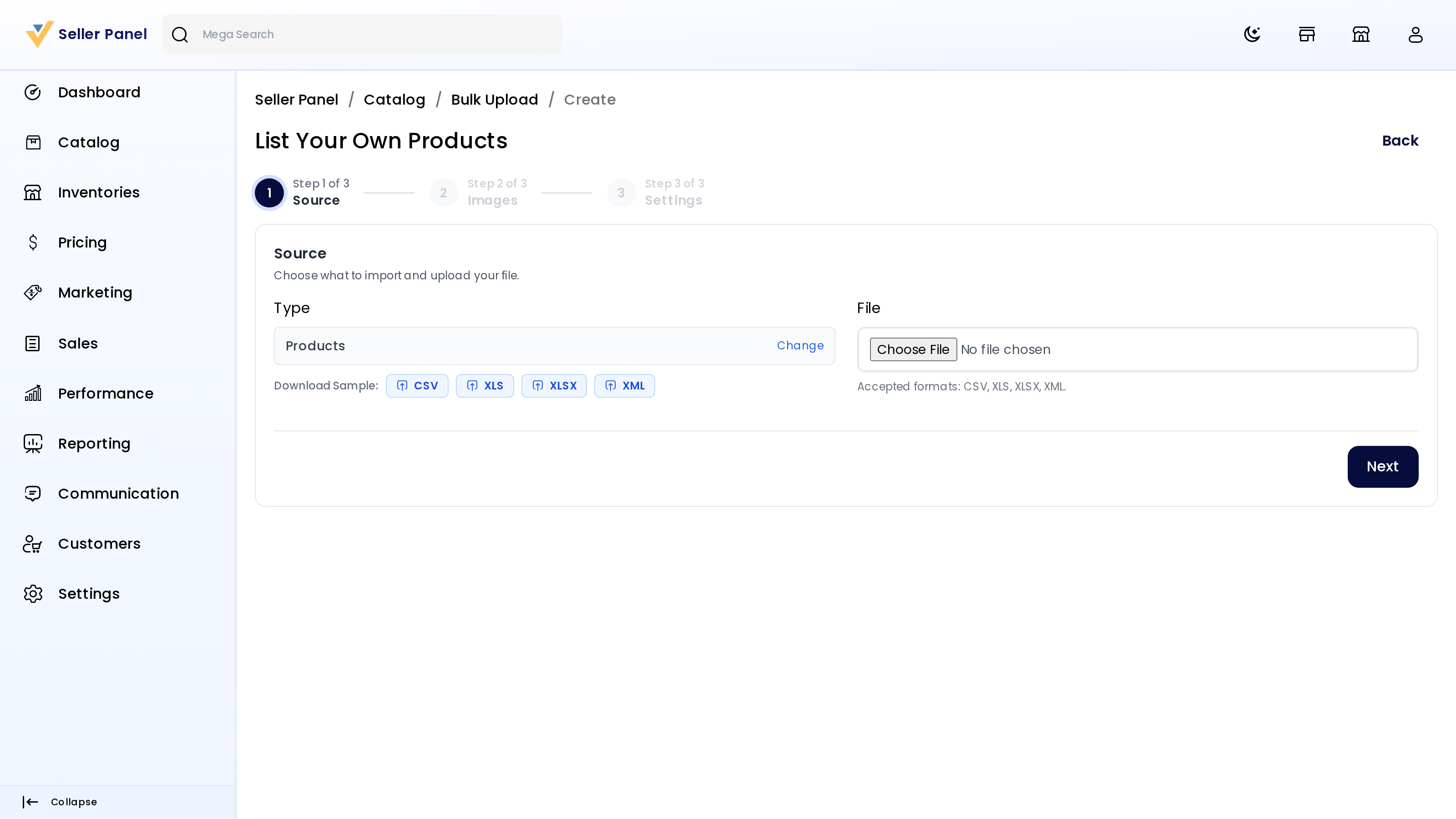 Bulk upload wizard — Source step
