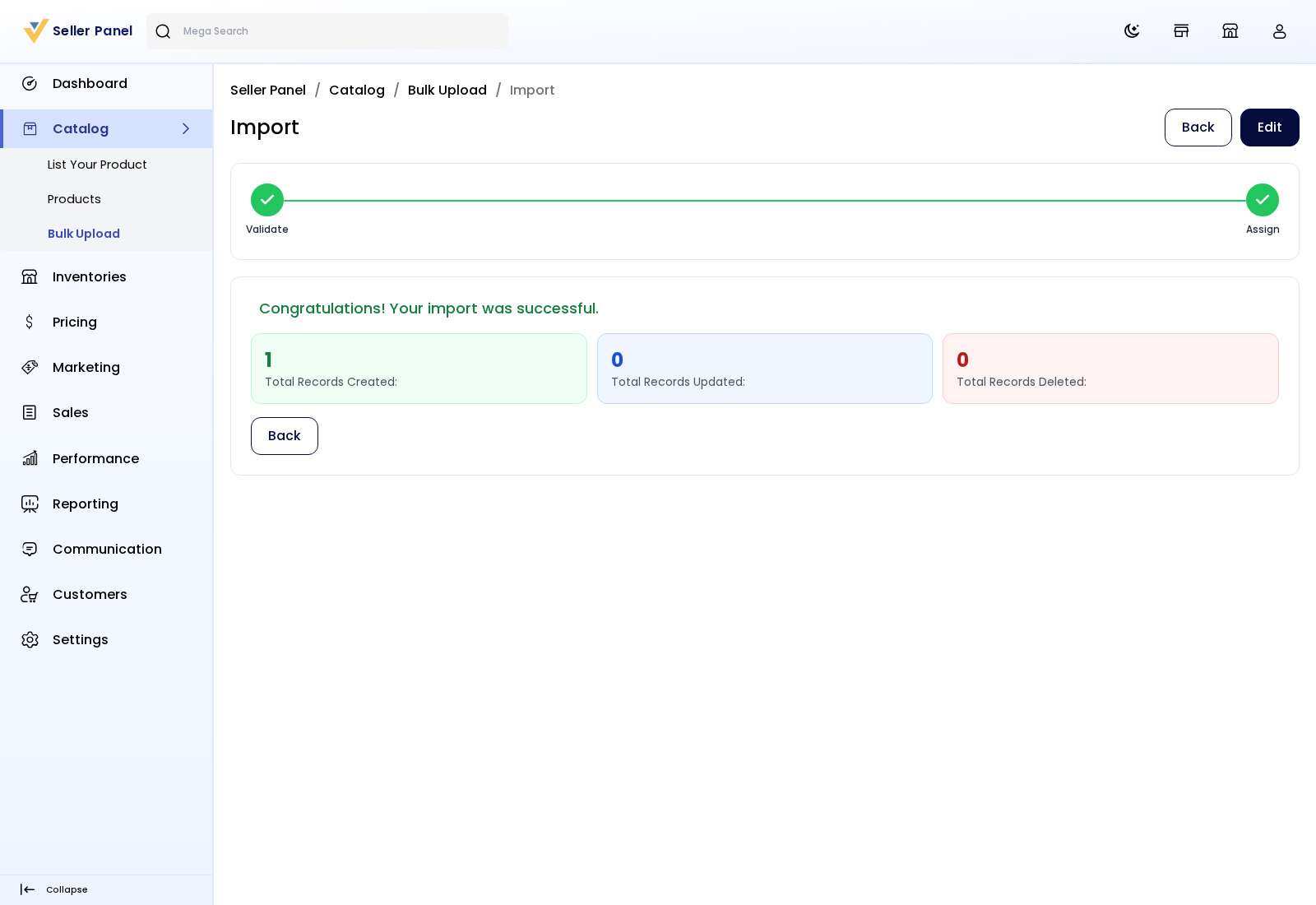 A completed import with its summary