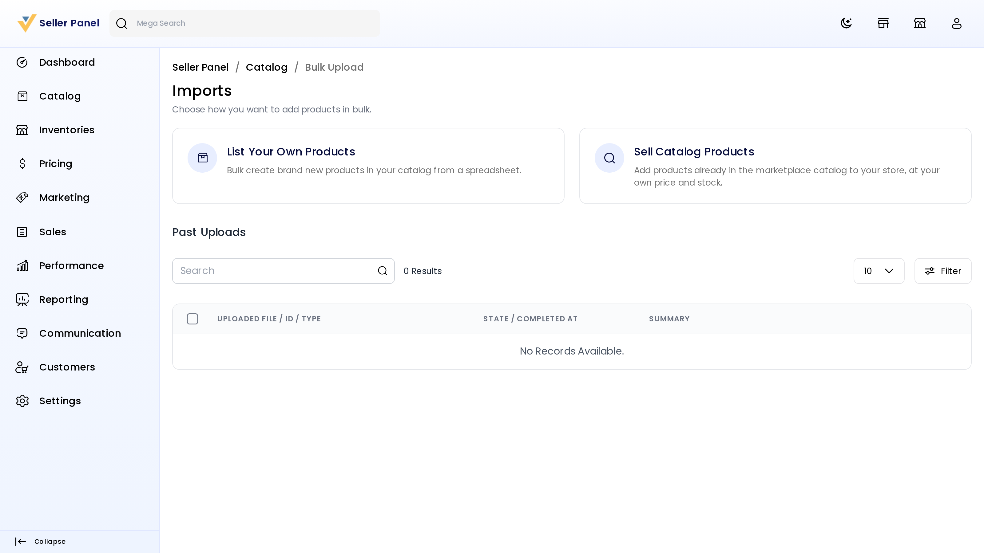Bulk Upload imports screen