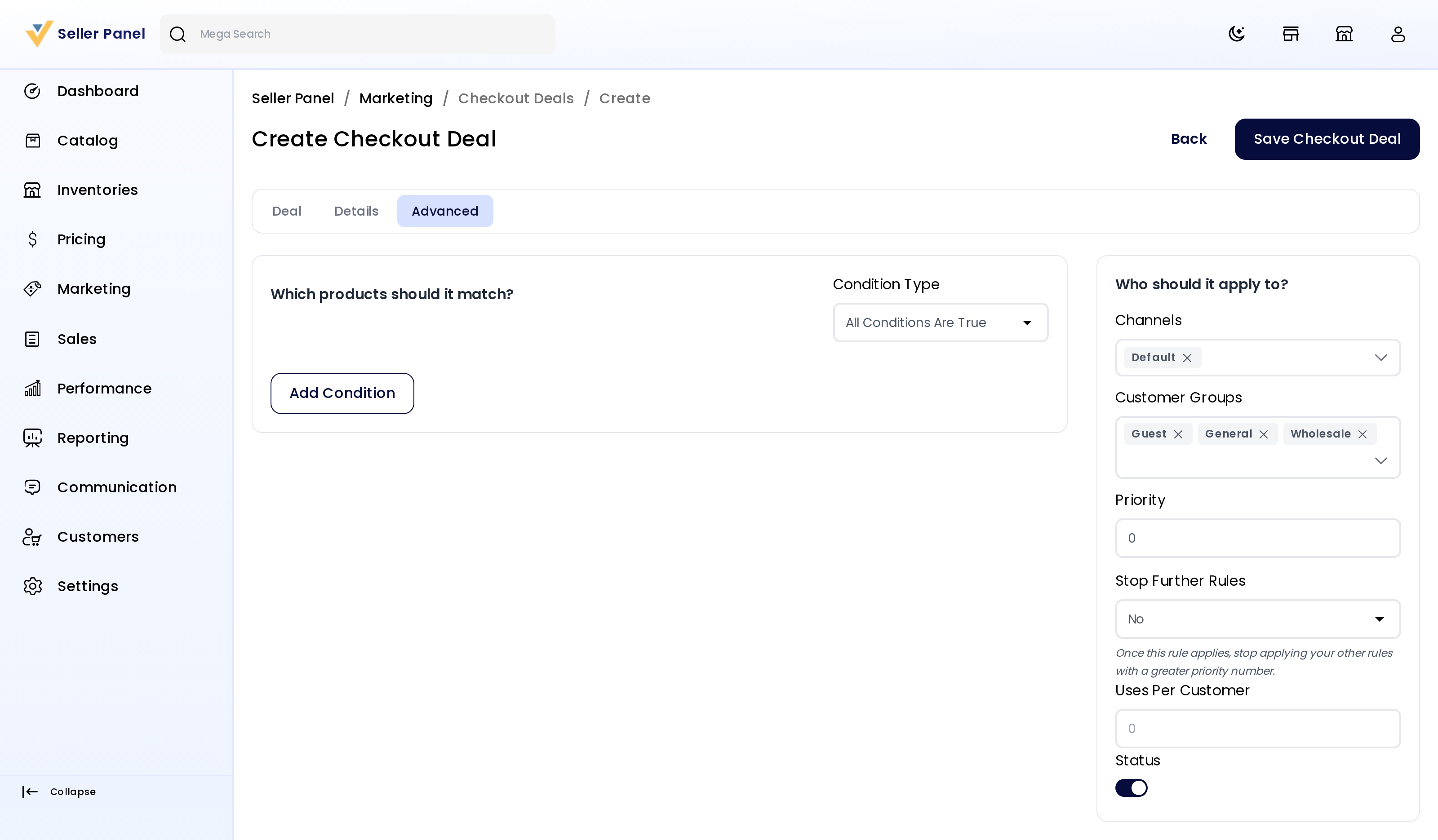 Checkout deal — Advanced tab with conditions