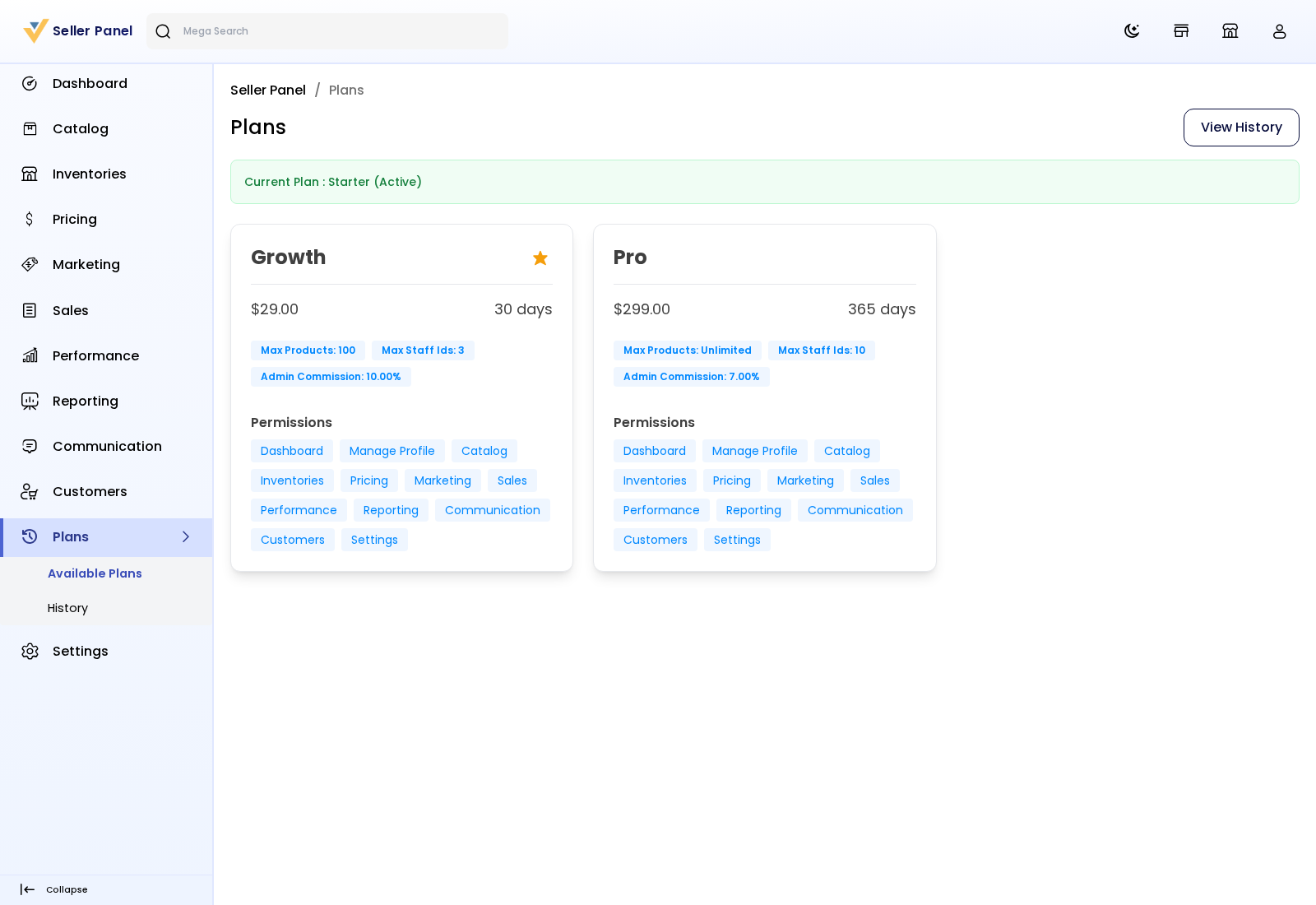The Plans page with the available plans