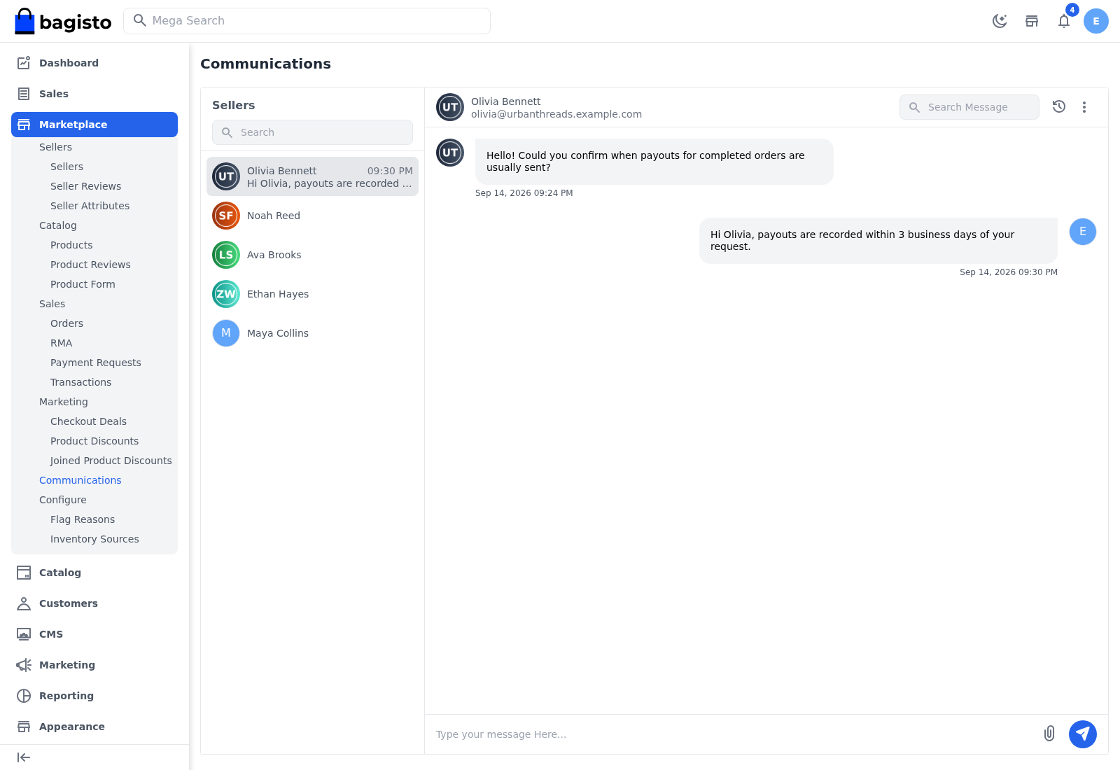 The admin's Communications page with the sellers list