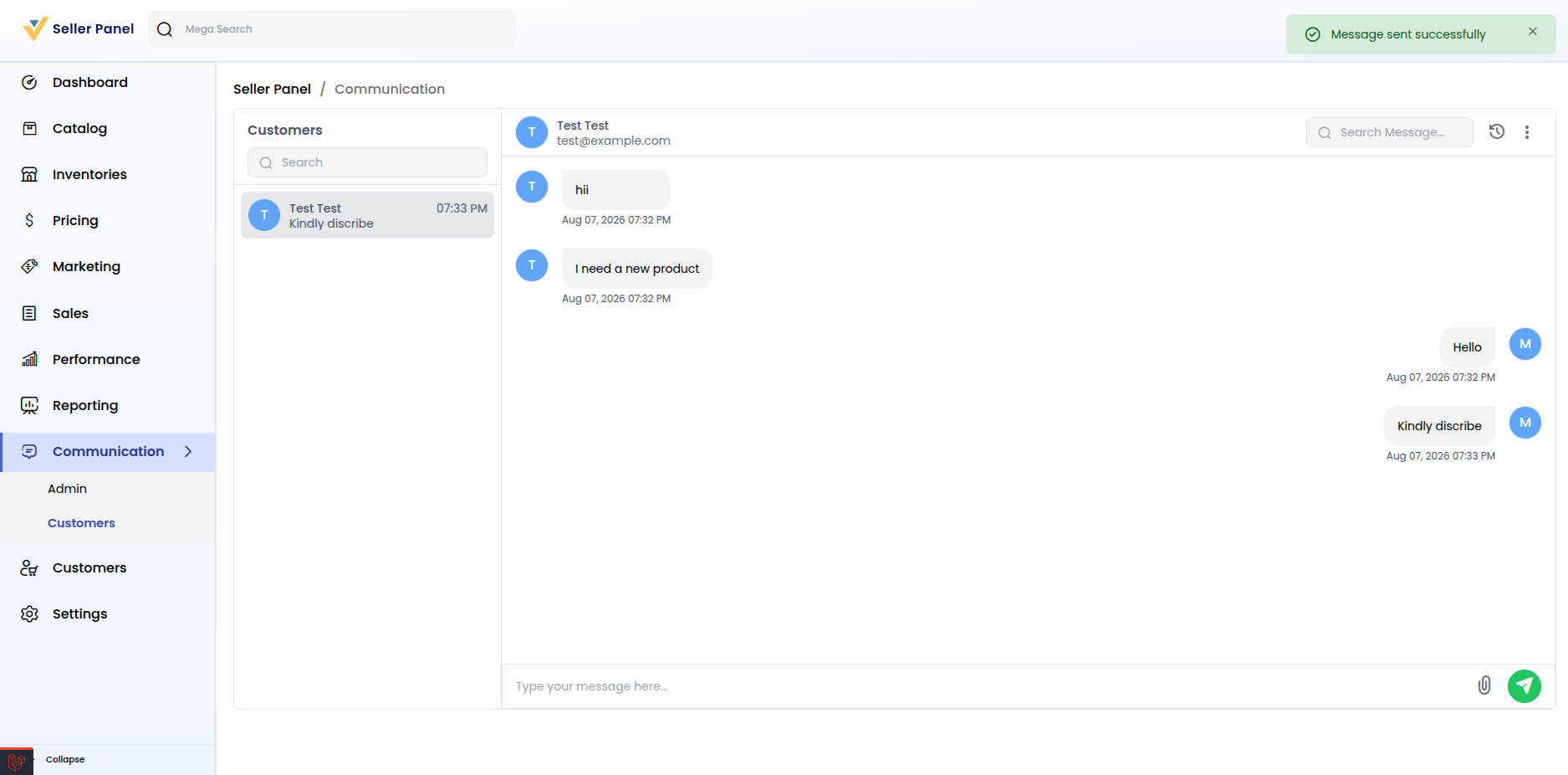 Seller–customer communication thread under Communication → Customers