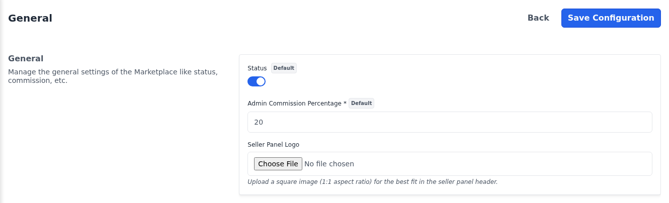 General section of the Marketplace General settings