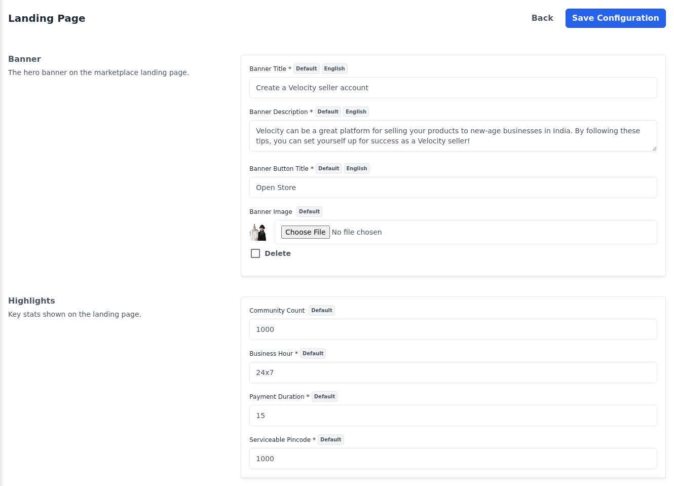 Banner and Highlights sections of the Landing Page settings