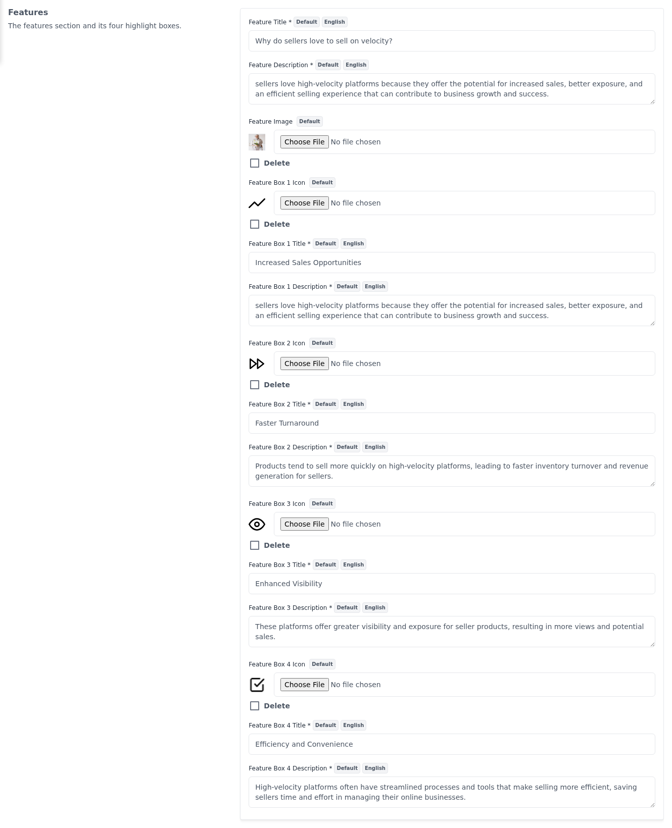Features section of the Landing Page settings