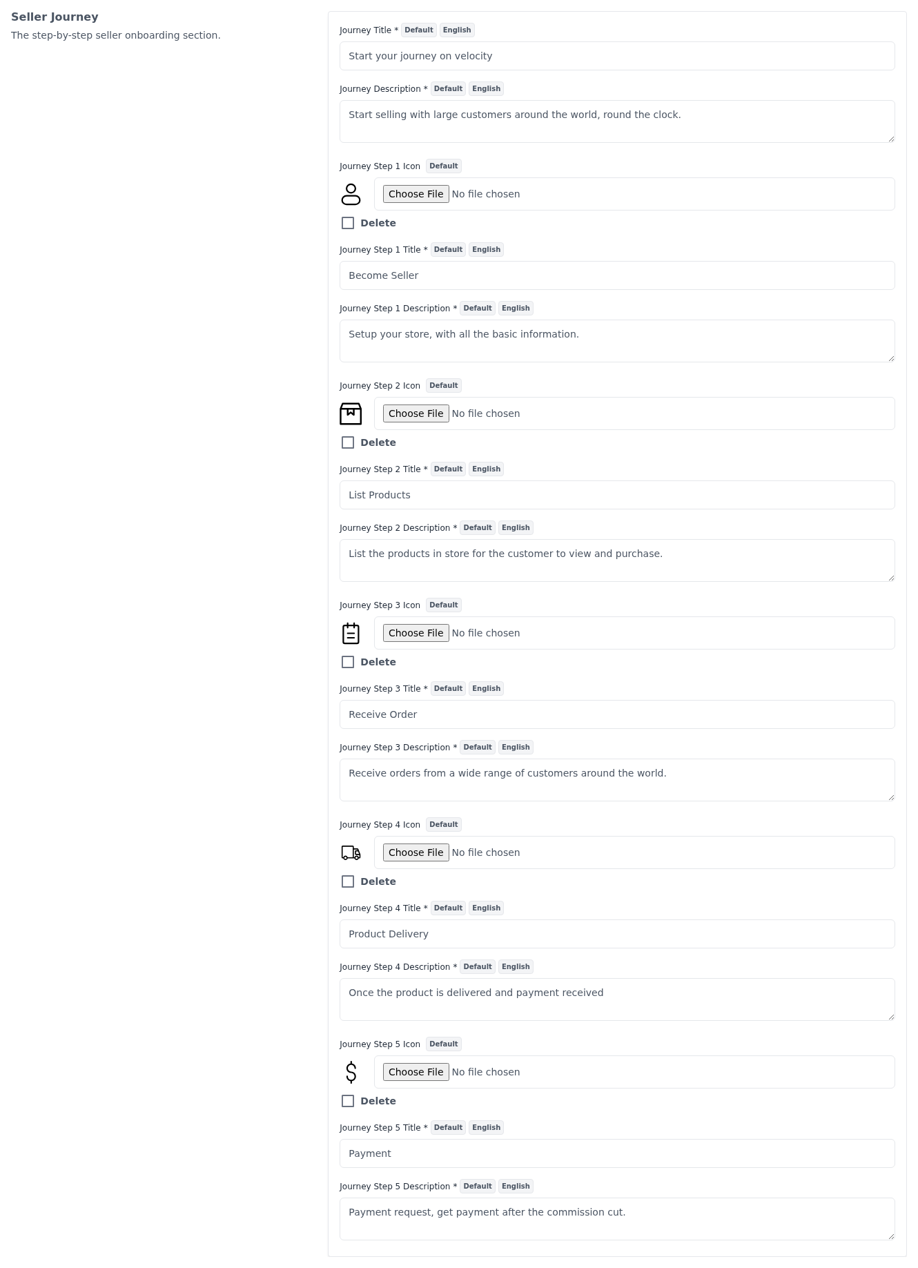 Seller Journey section of the Landing Page settings