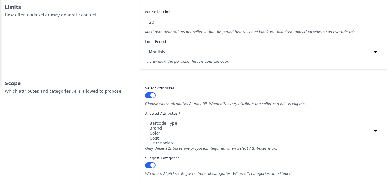 Limits and Scope sections of the Marketplace Features settings