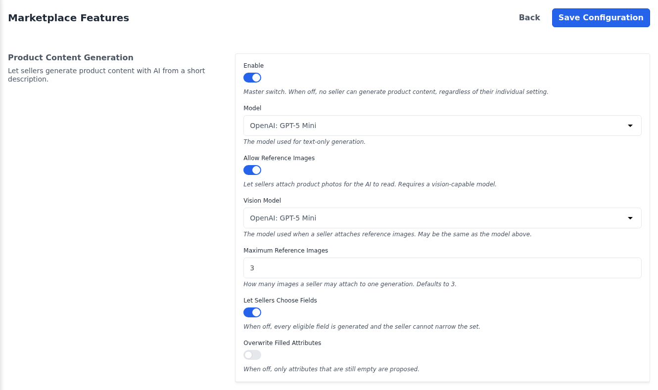 Product Content Generation section of the Marketplace Features settings