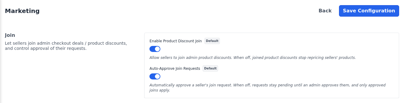 Join section of the Marketing settings