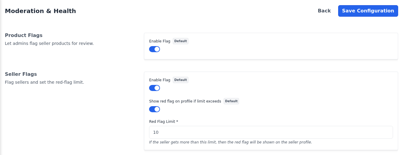 Product Flags and Seller Flags sections