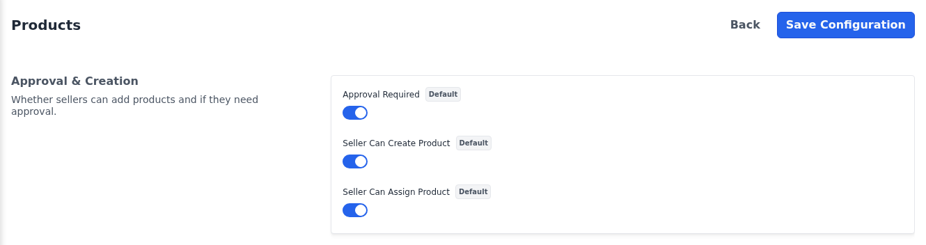 Approval & Creation section of the Products settings