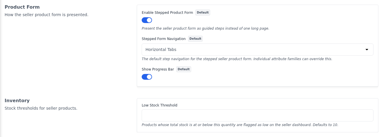 Product Form and Inventory sections