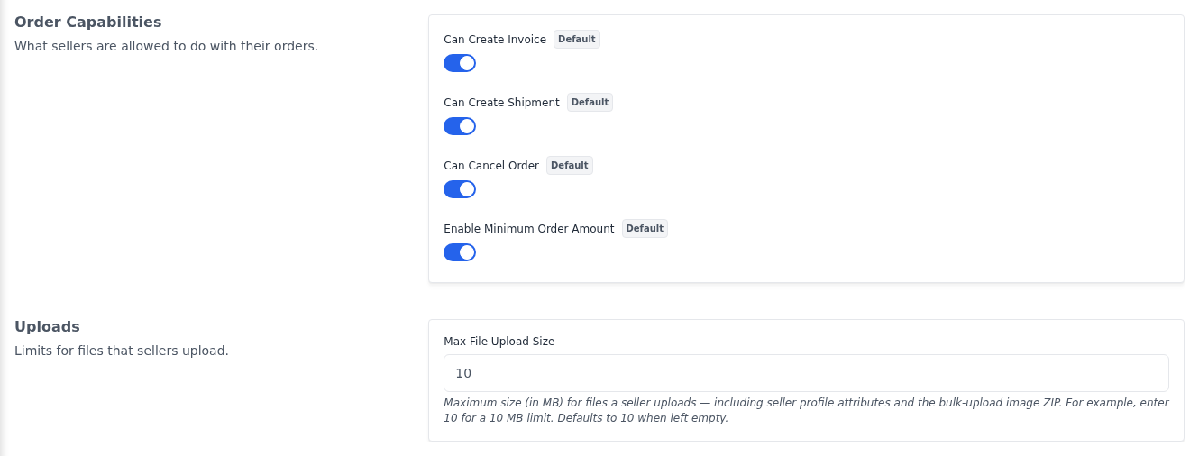 Order Capabilities and Uploads sections