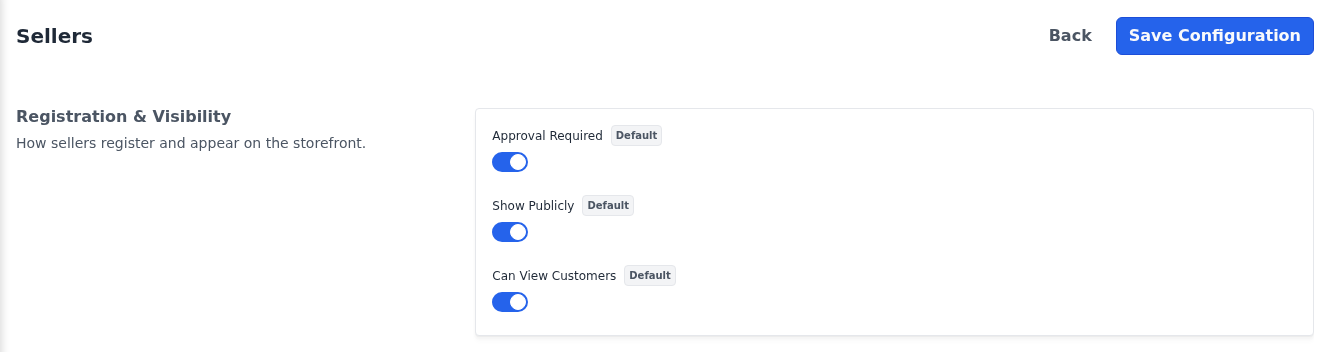 Registration & Visibility section of the Sellers settings