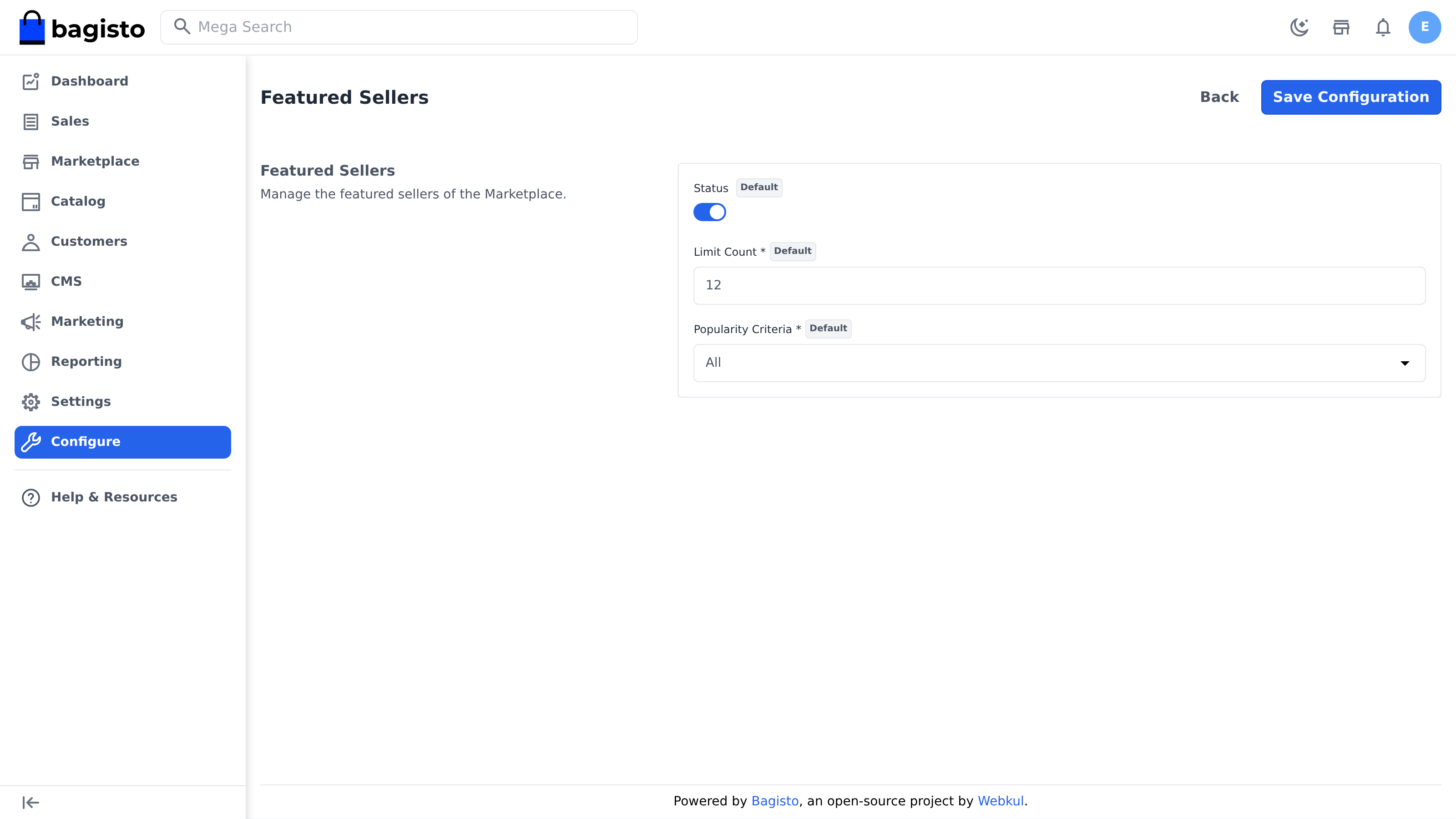 Featured Sellers configuration