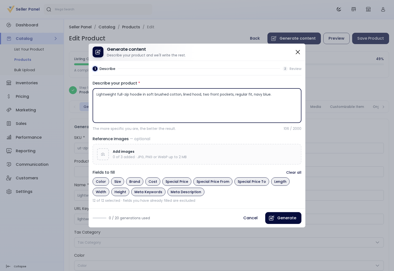 The Generate content dialog with a product description and the fields to fill