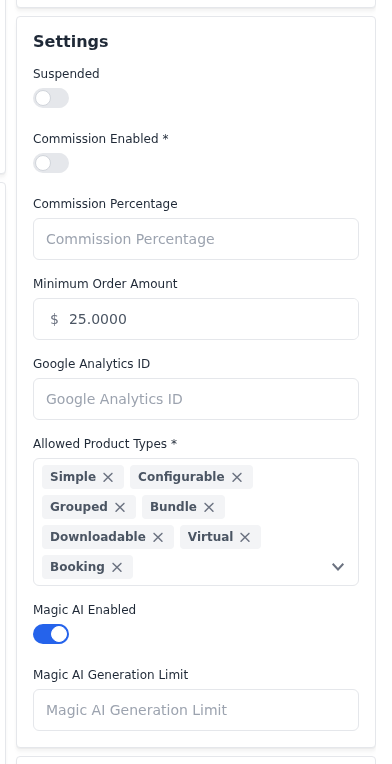 Magic AI Enabled and Magic AI Generation Limit on the Edit Seller page