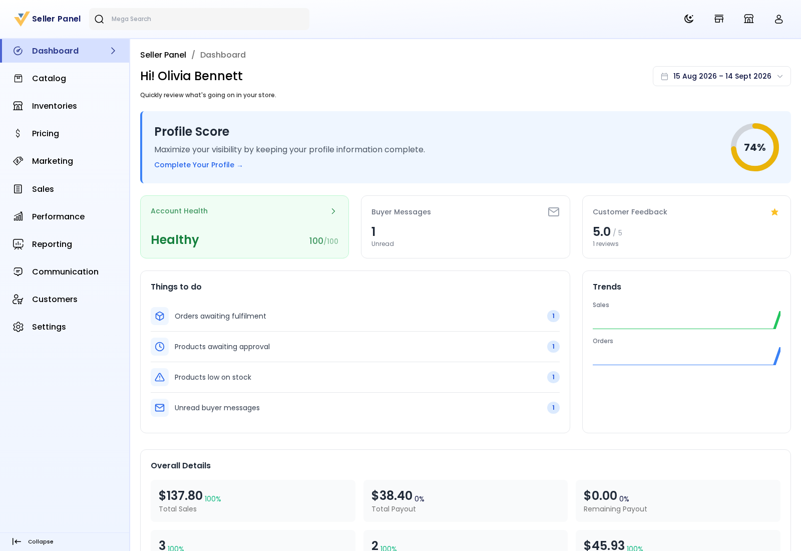 The Seller Panel dashboard