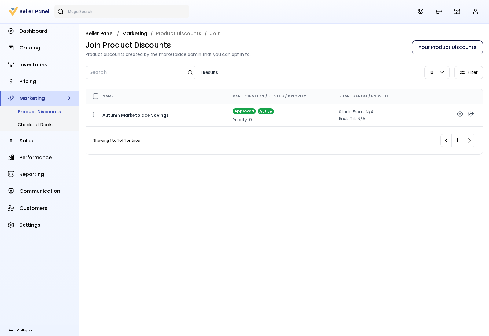 The Join Product Discounts list in the Seller Panel
