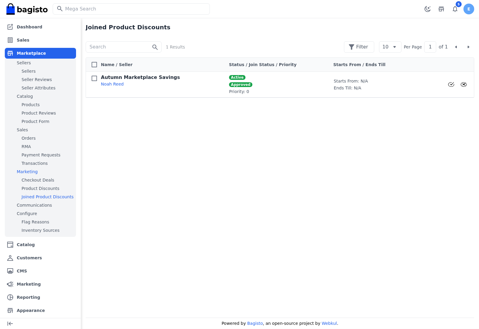 The Joined Product Discounts list in the admin panel
