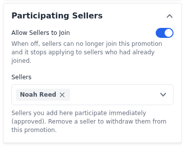 The Participating Sellers section of a catalog rule