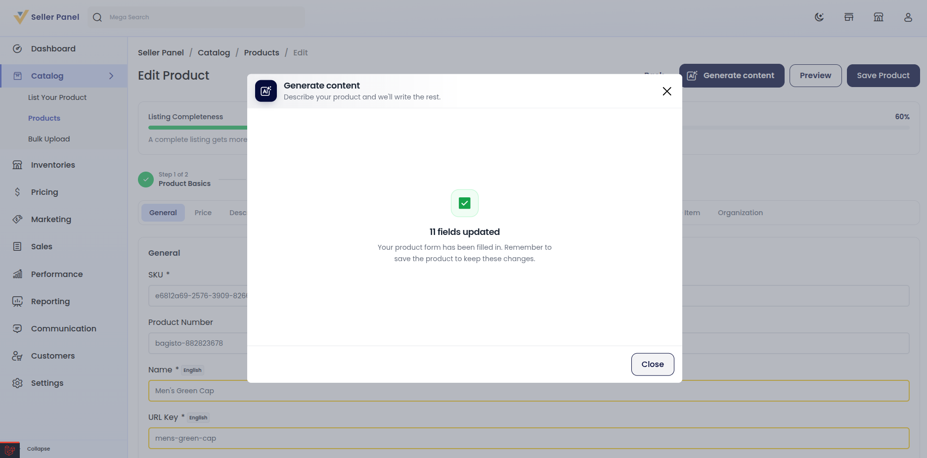 Magic AI confirmation — fields updated on the product form, pending save