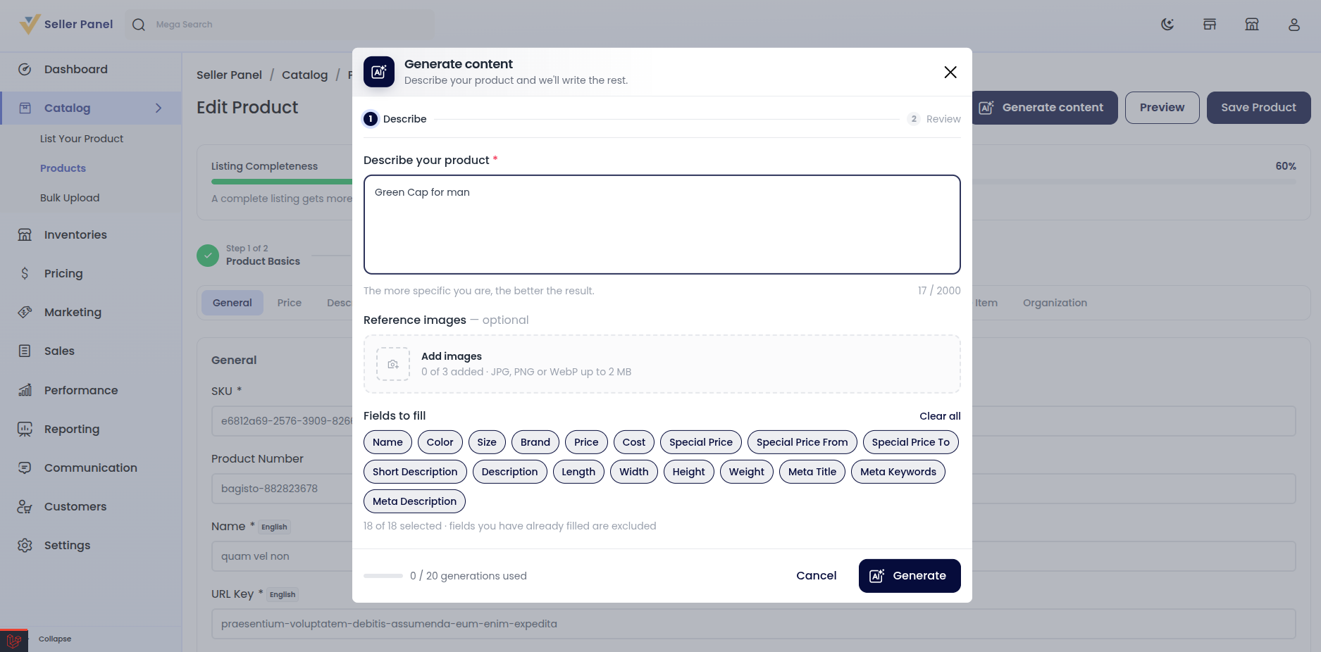 Magic AI Generate content dialog — describe your product, reference images, and fields to fill