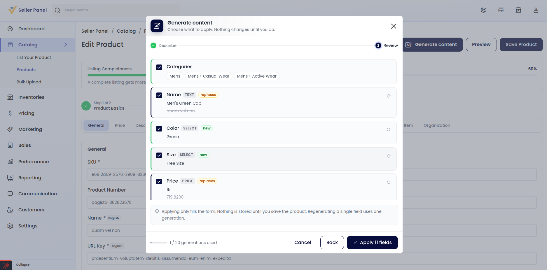 Magic AI review step — proposed fields marked new or replaces, with previous values struck through