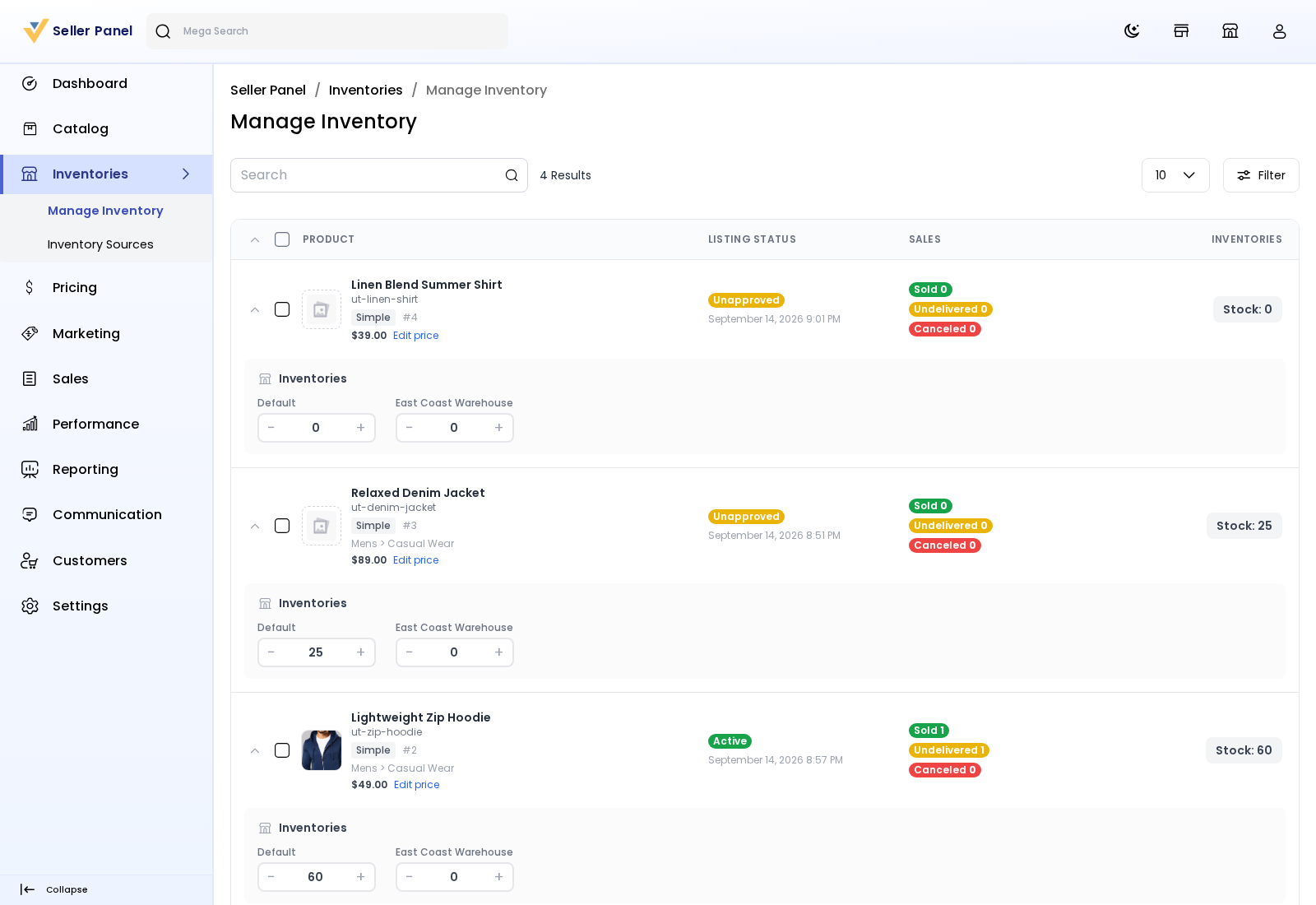 A product row opened to change stock in each inventory source