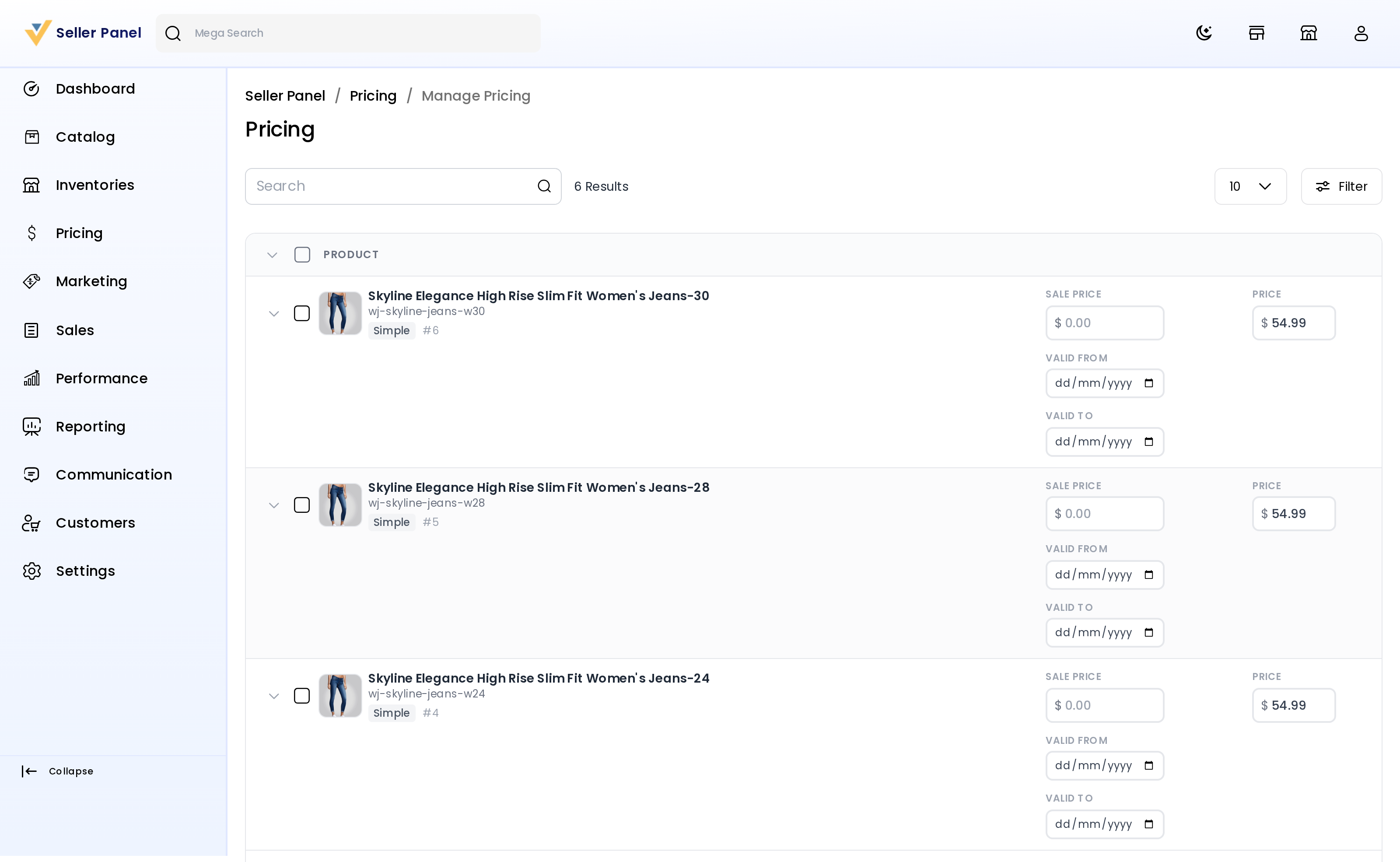 Manage Pricing screen