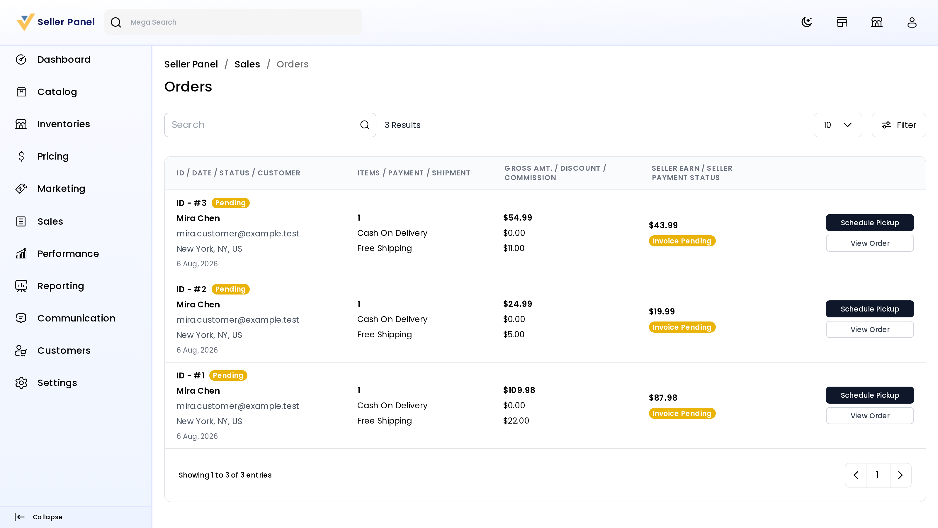 Seller orders list