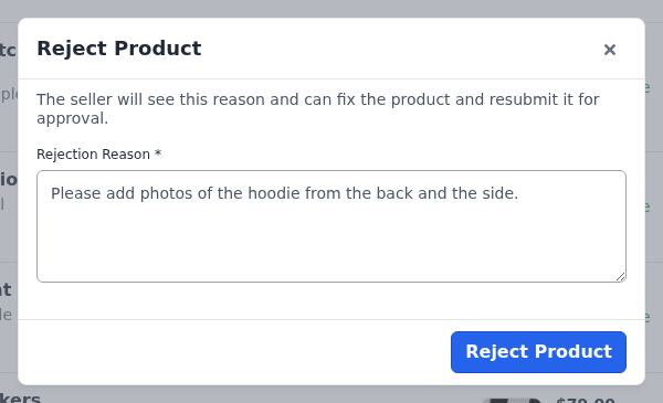 The Reject Product dialog