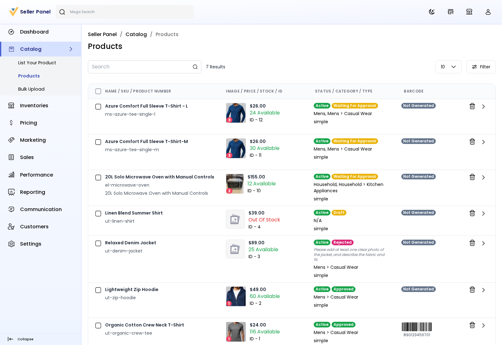 Seller products with Draft, Waiting For Approval, Approved and Rejected badges