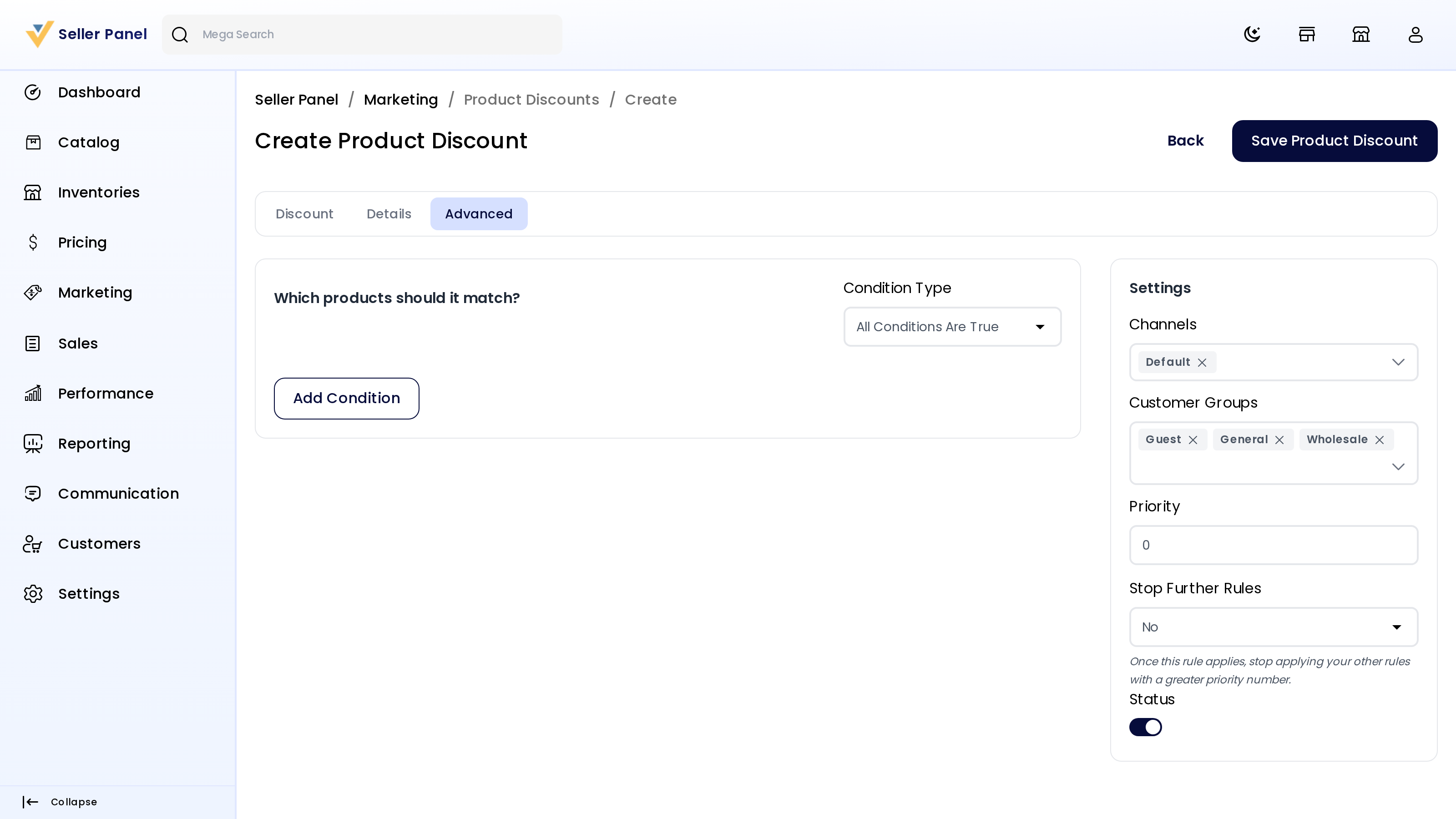 Product discount — Advanced tab with conditions