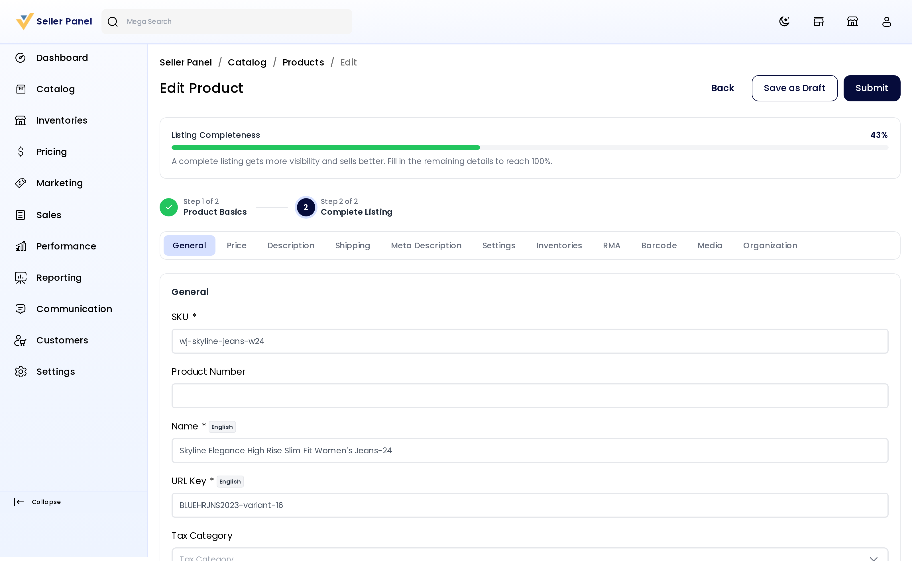 Product edit form — General