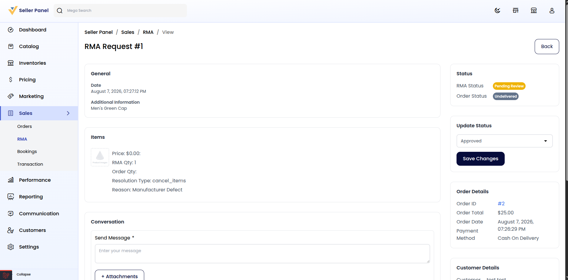 Seller RMA request detail — status panel, update-status control, items, and conversation