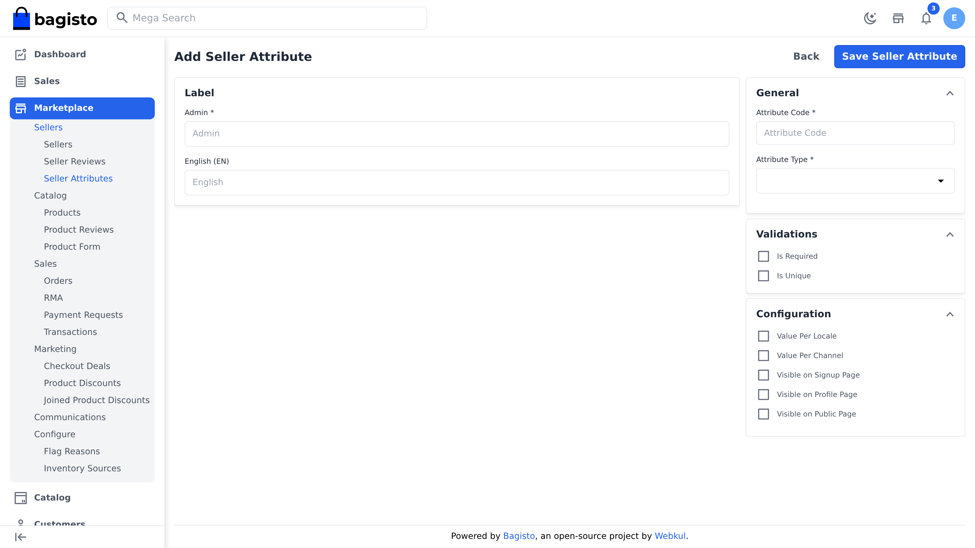 Create seller attribute form