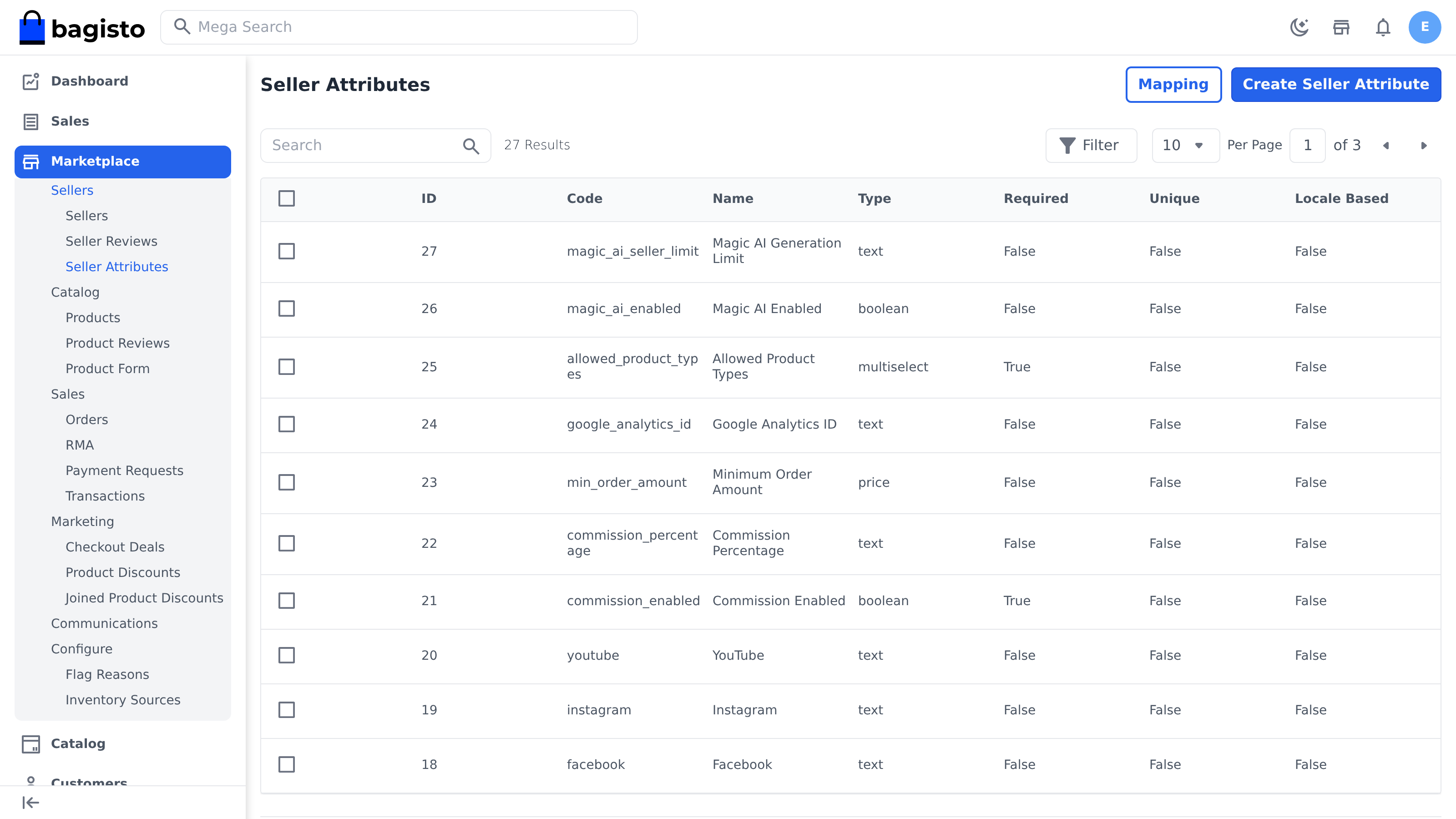 Admin seller attributes list