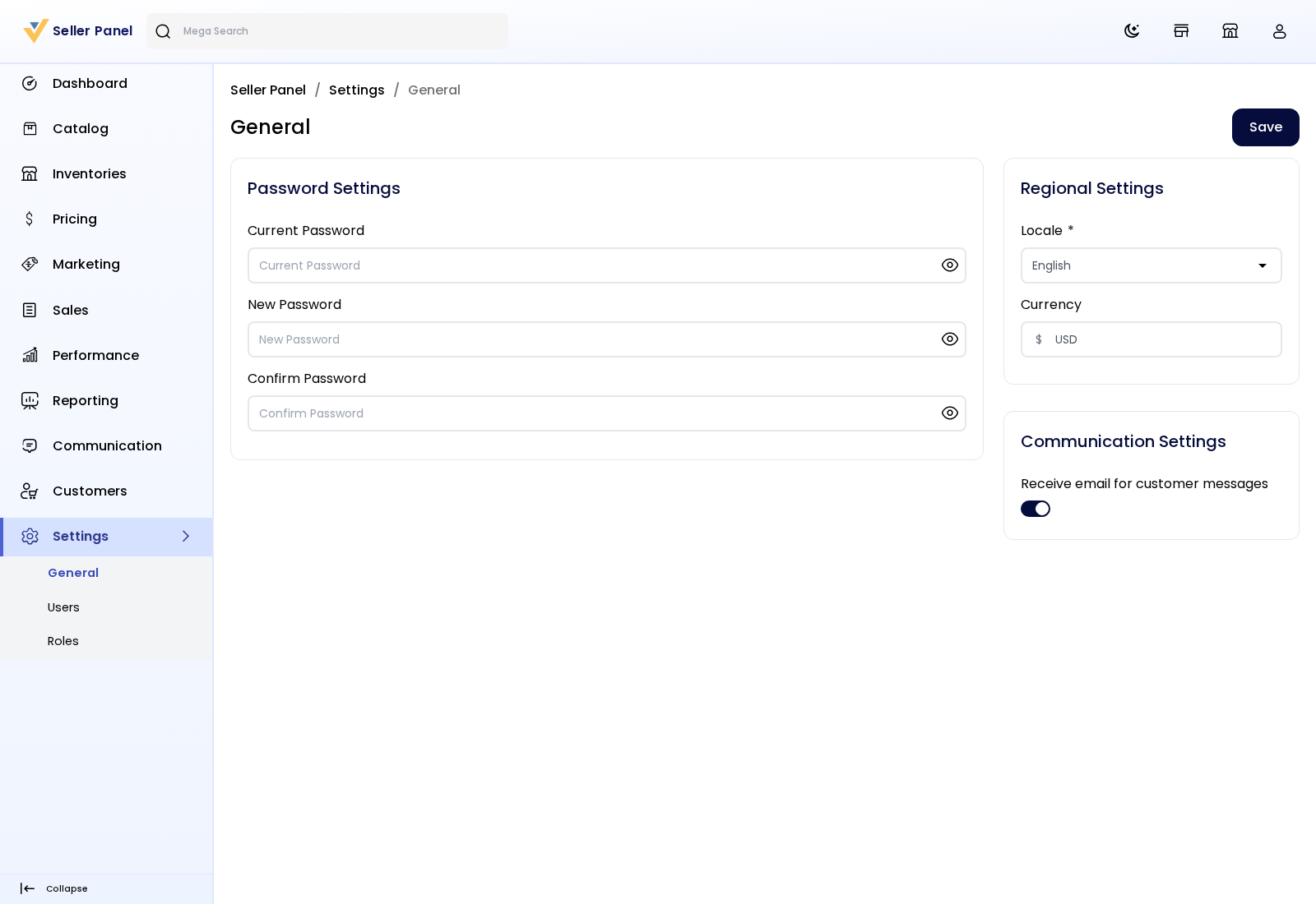 The General settings page in the Seller Panel