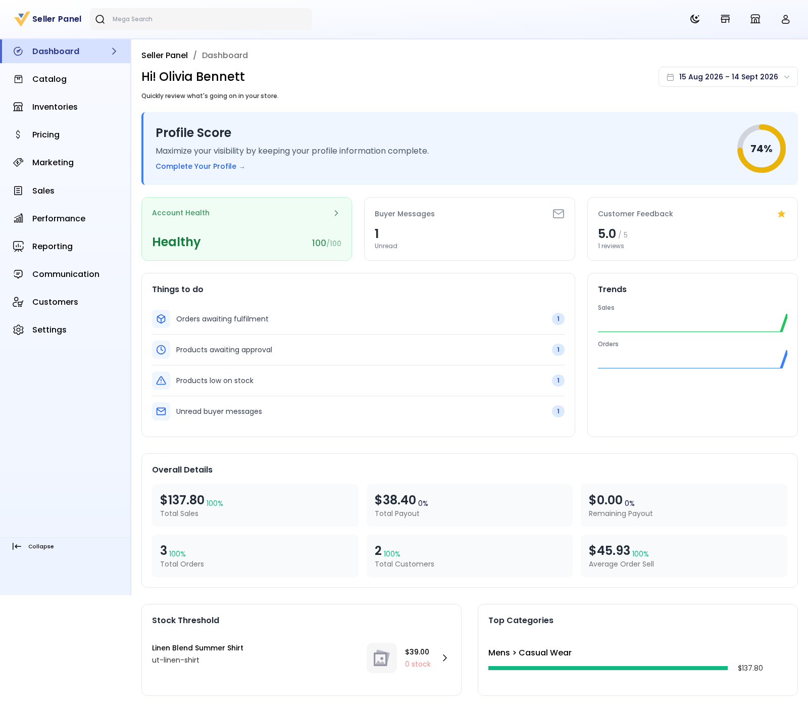 The Seller Panel dashboard