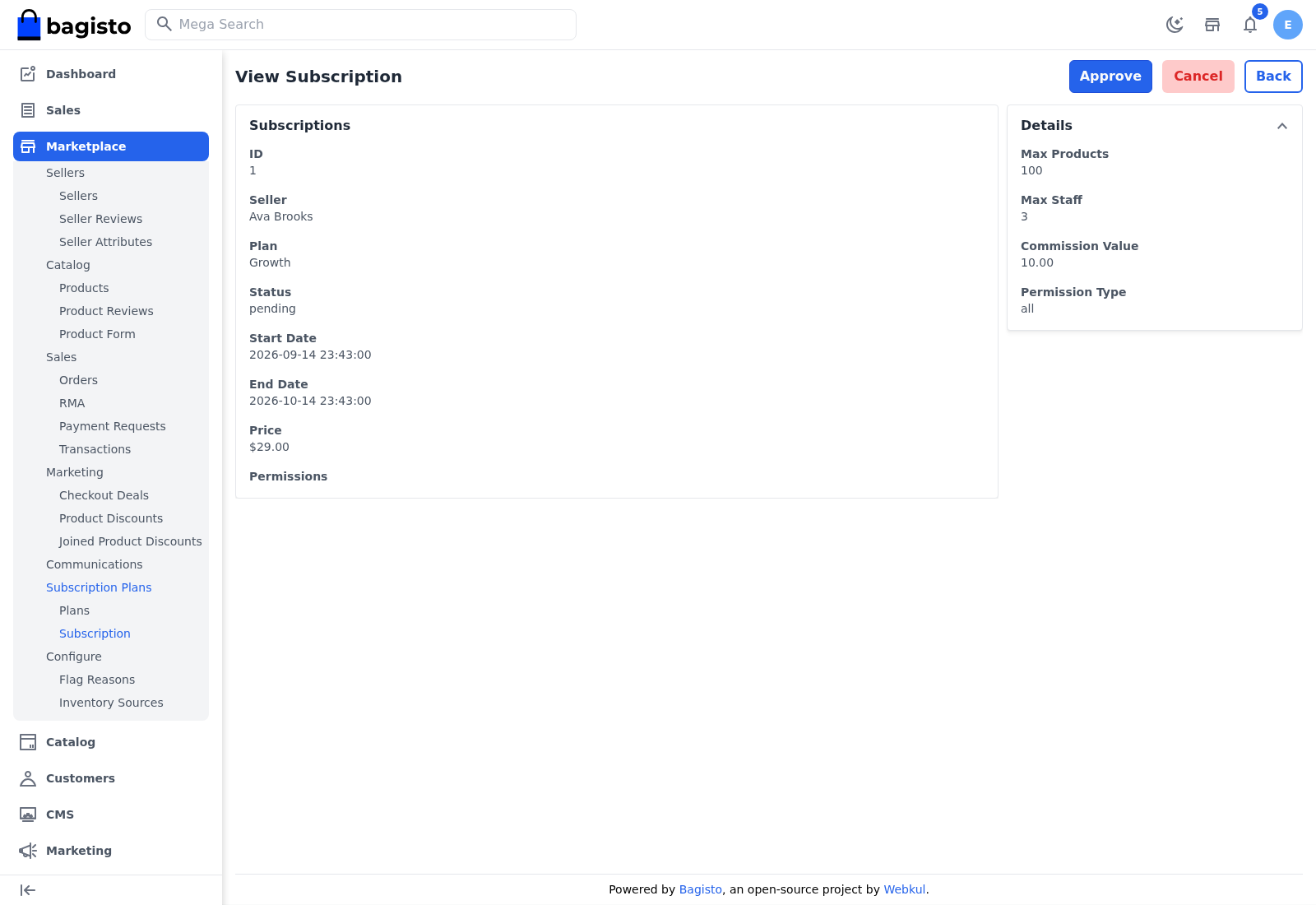 A pending subscription with the Approve and Cancel buttons