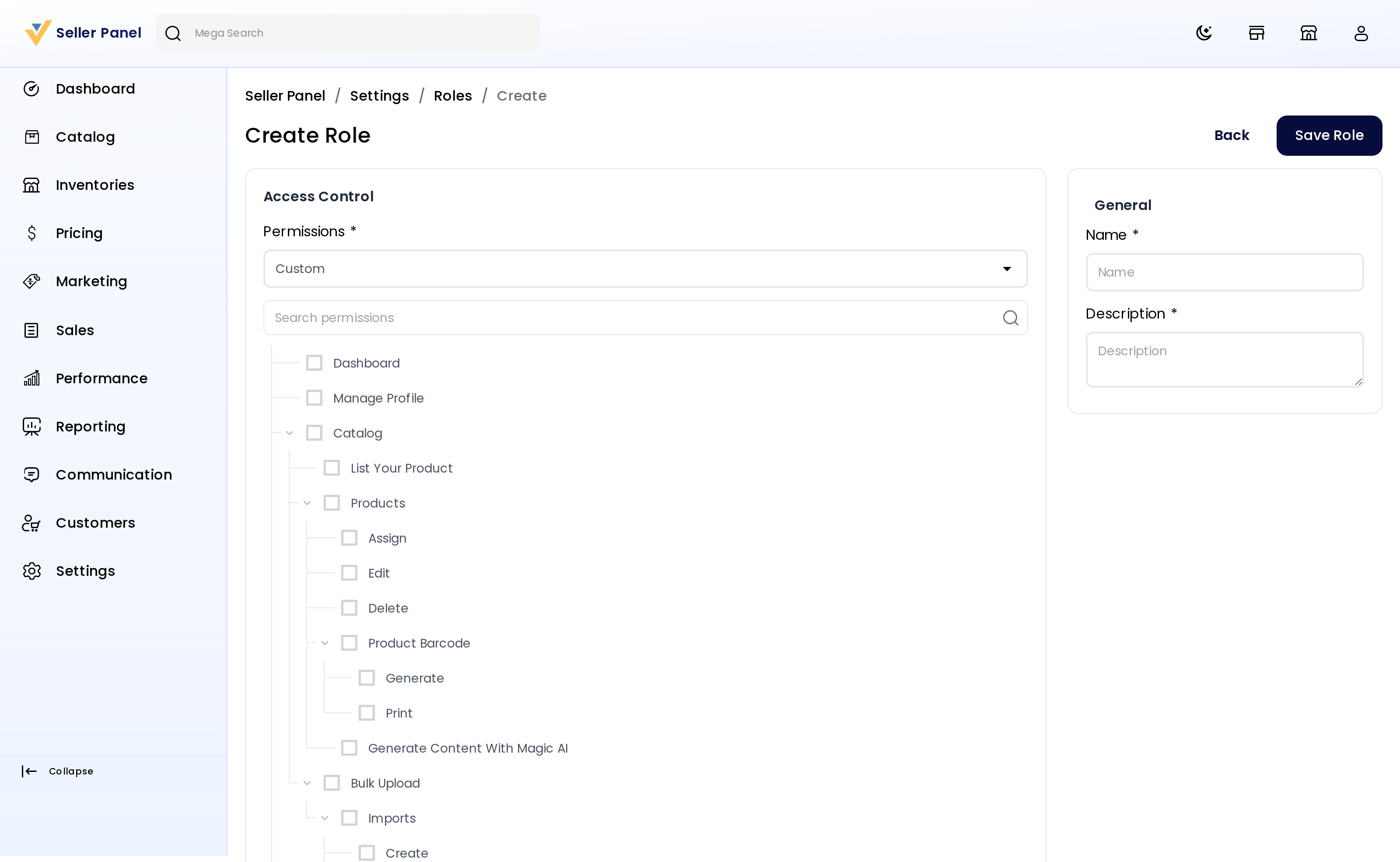 Create seller role with permission tree
