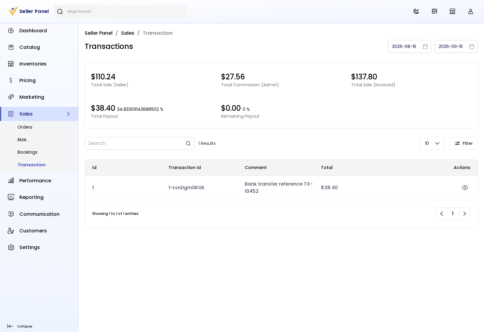 The seller's Transactions page with summary cards