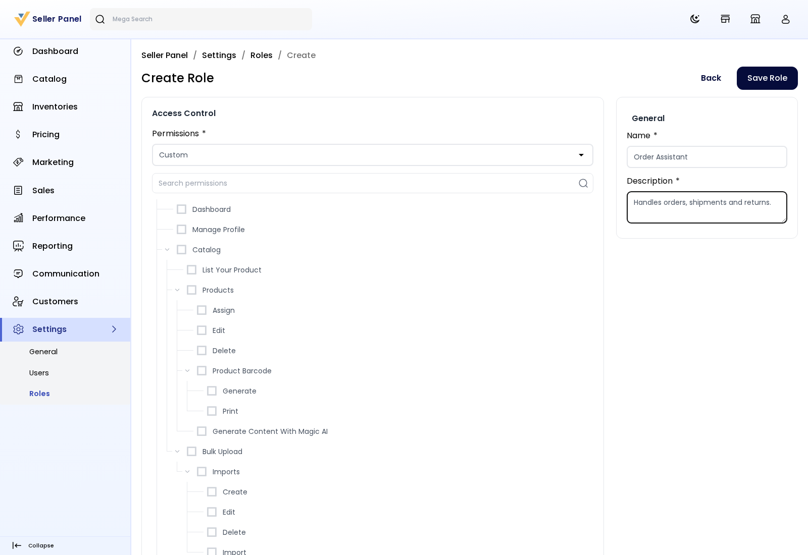 The Create Role page with the permission tree